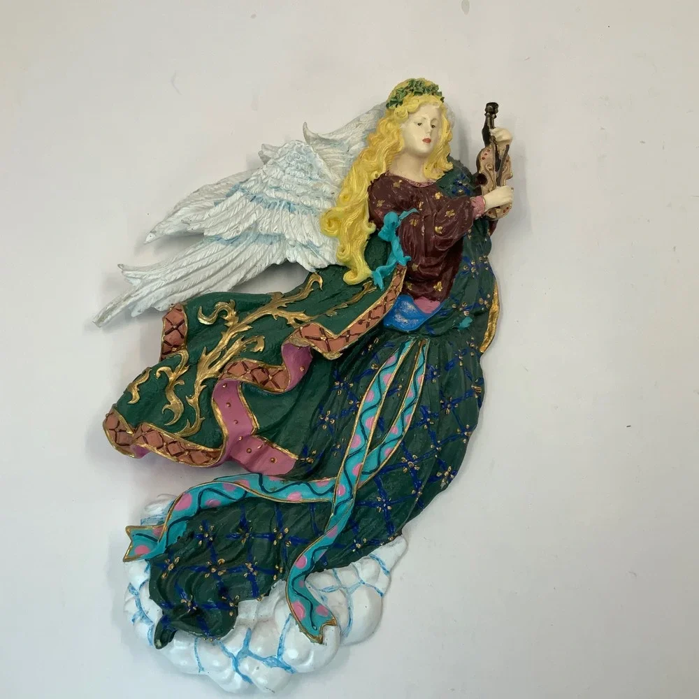 Vintage Angel Wall Plaque Playing Violin‎ Resin Sculpture Green Gold 12 Inch